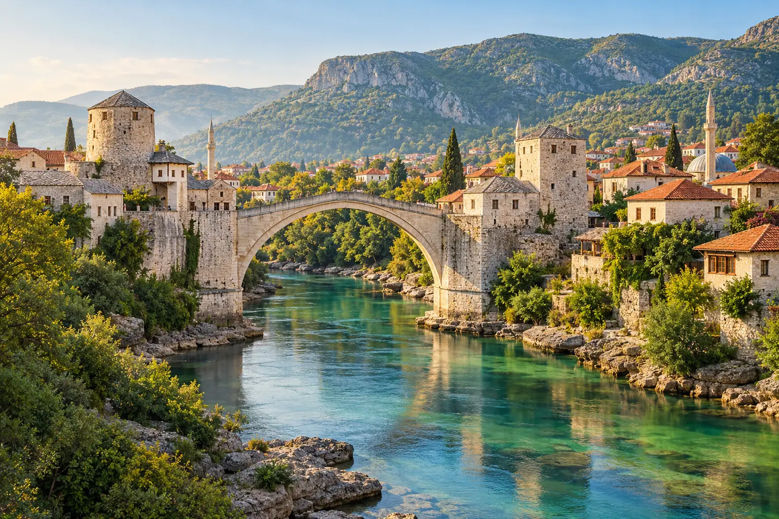 Illustration of the Mostar bridge over the Neretva river