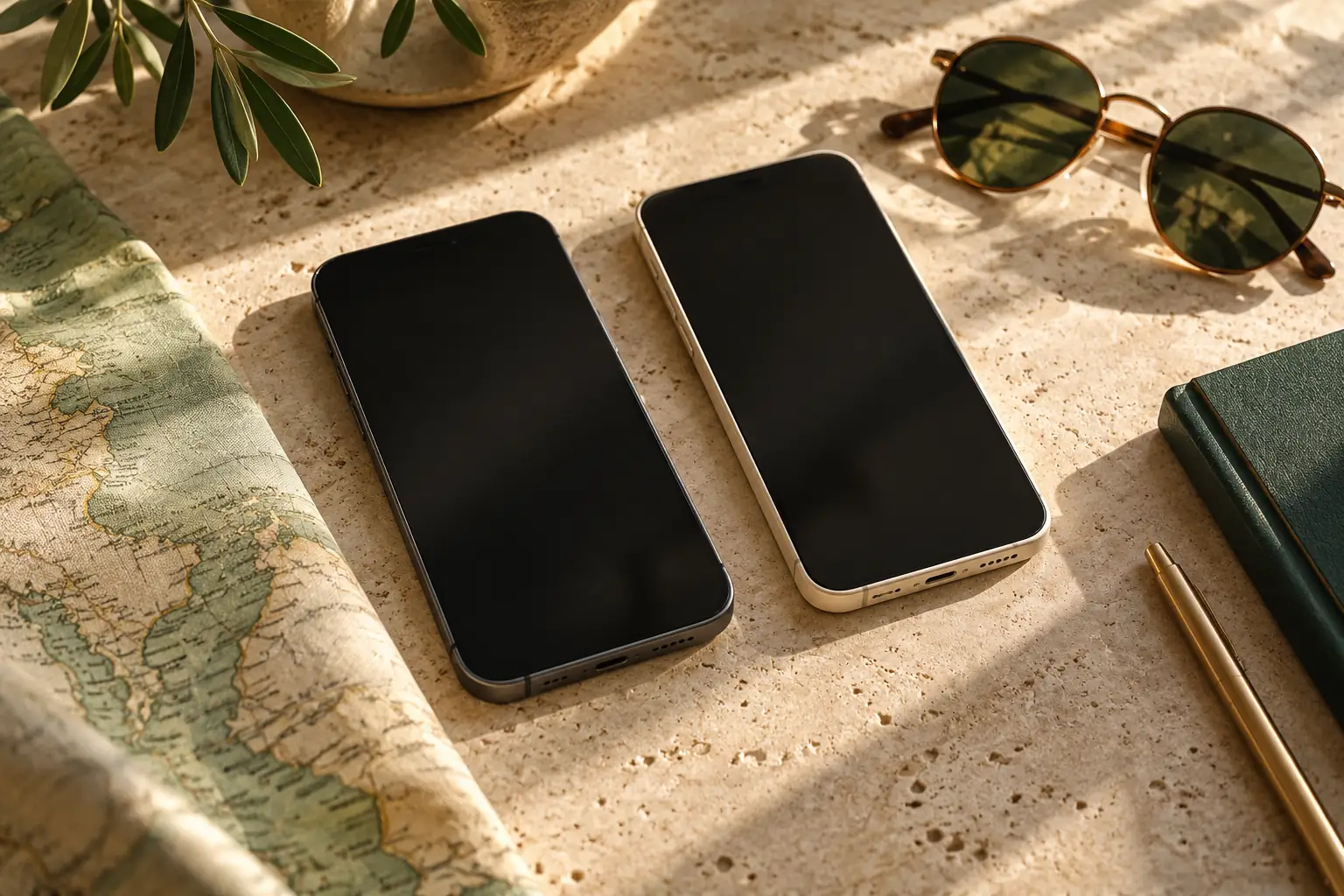 Two phones on a table for comparing travel options
