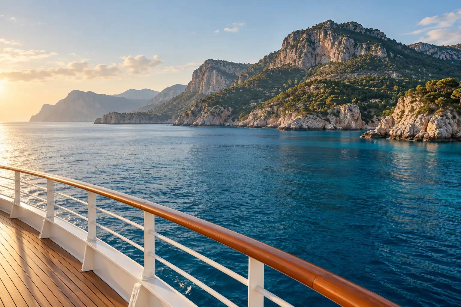 Illustration of a ship deck overlooking the Mediterranean coast