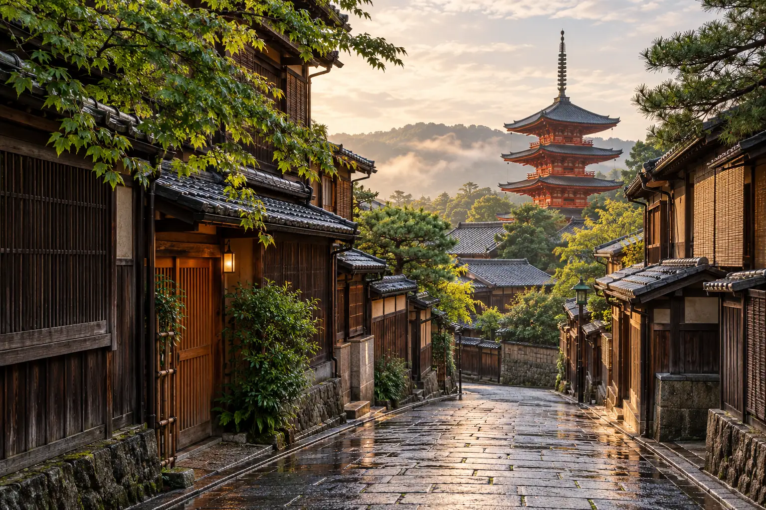 Illustrazione di una strada tradizionale di Kyoto e una pagoda