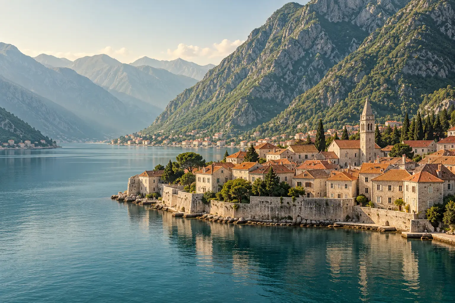 Illustration of the Bay of Kotor with mountains and stone houses