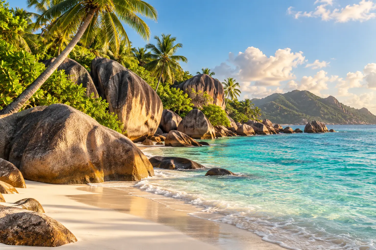 Illustration of a Seychelles beach with granite boulders