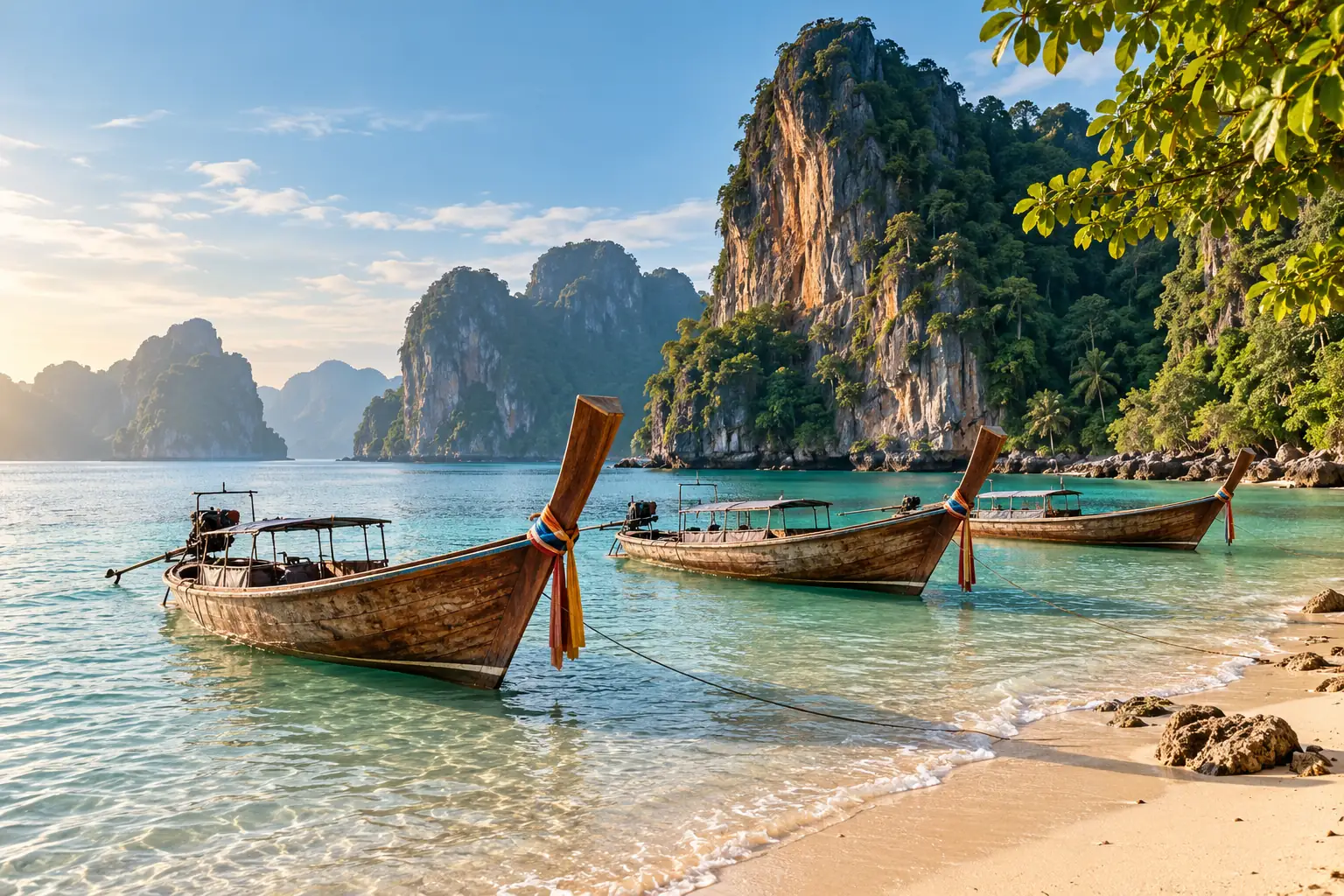 Illustrazione di barche tradizionali e scogliere della Thailandia
