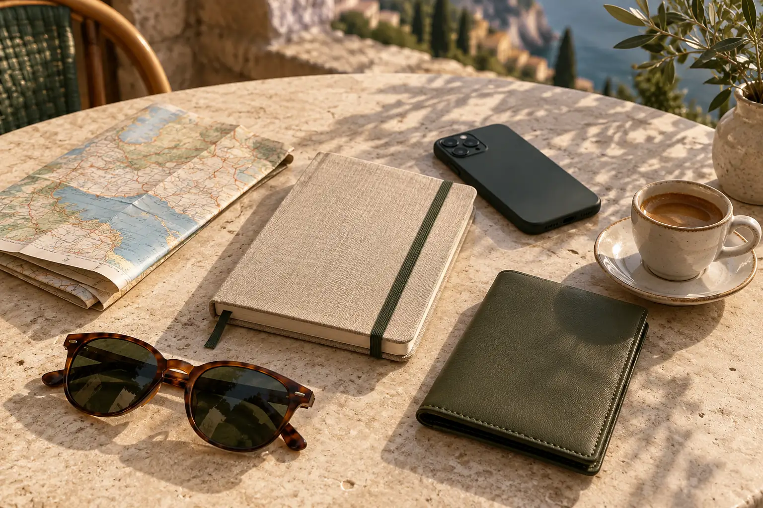 Map, phone and notebook for planning a trip